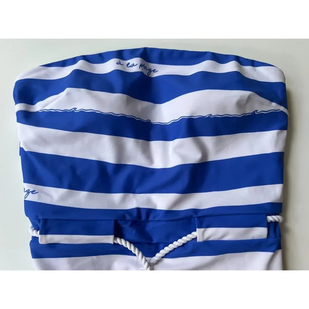 Milly A La Plage Belted One Piece Swimsuit Blue White Size M New - Picture 12 of 16